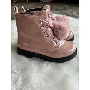 Rachel Shoes Kids Pink Patent Lace Up Combat Boots Pom Poms Size 7